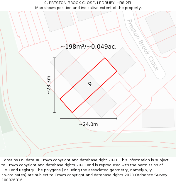 9, PRESTON BROOK CLOSE, LEDBURY, HR8 2FL: Plot and title map