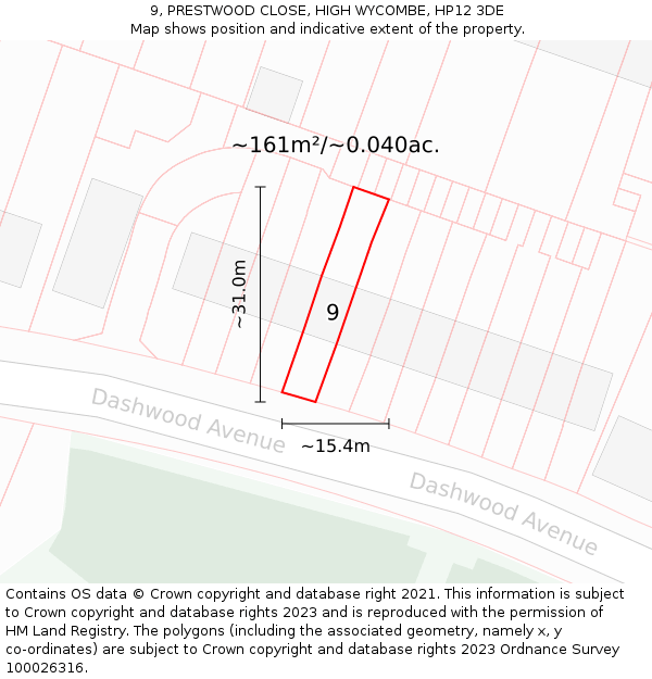 9, PRESTWOOD CLOSE, HIGH WYCOMBE, HP12 3DE: Plot and title map