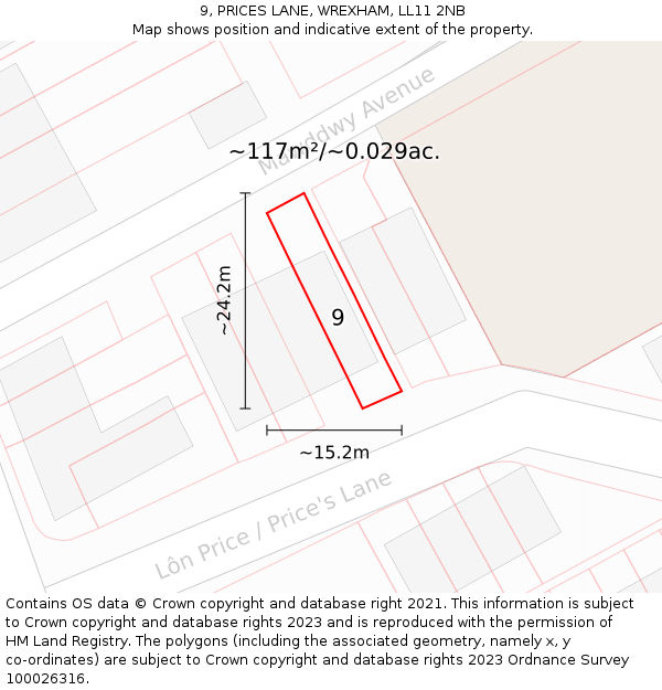9, PRICES LANE, WREXHAM, LL11 2NB: Plot and title map