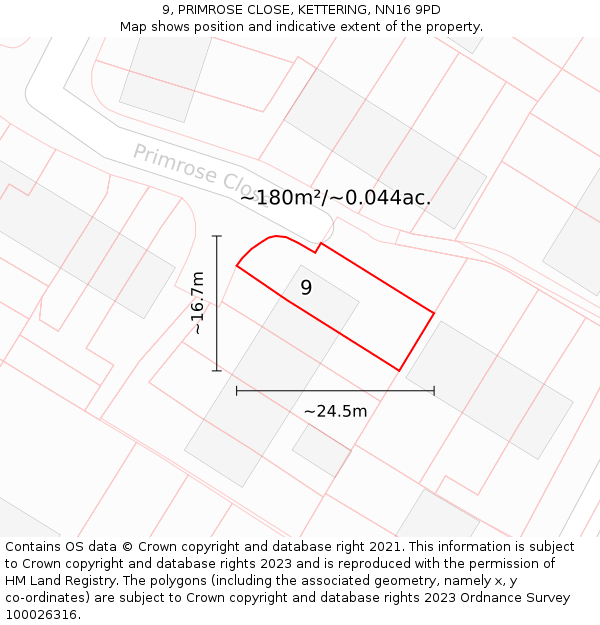 9, PRIMROSE CLOSE, KETTERING, NN16 9PD: Plot and title map
