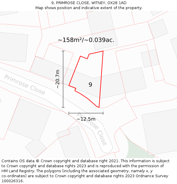 9, PRIMROSE CLOSE, WITNEY, OX28 1AD: Plot and title map