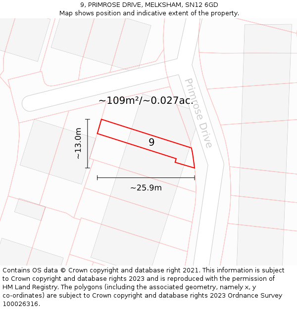 9, PRIMROSE DRIVE, MELKSHAM, SN12 6GD: Plot and title map