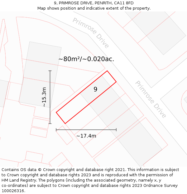 9, PRIMROSE DRIVE, PENRITH, CA11 8FD: Plot and title map