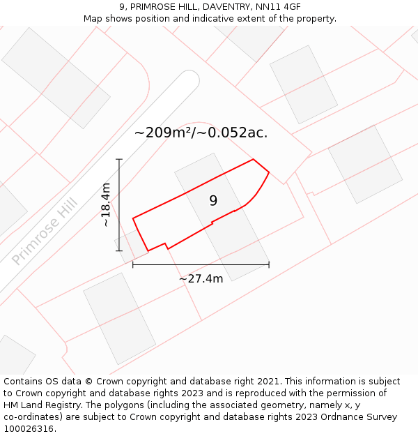 9, PRIMROSE HILL, DAVENTRY, NN11 4GF: Plot and title map