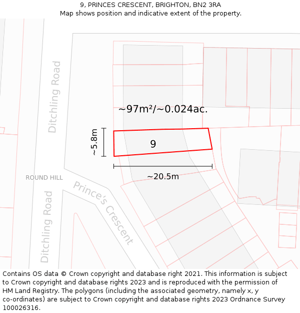 9, PRINCES CRESCENT, BRIGHTON, BN2 3RA: Plot and title map