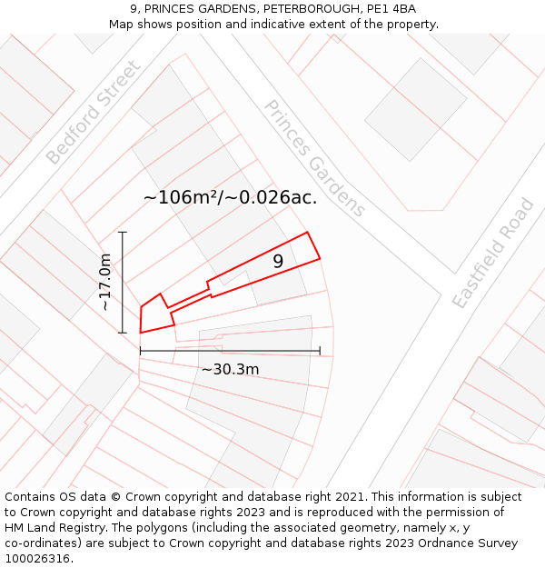 9, PRINCES GARDENS, PETERBOROUGH, PE1 4BA: Plot and title map