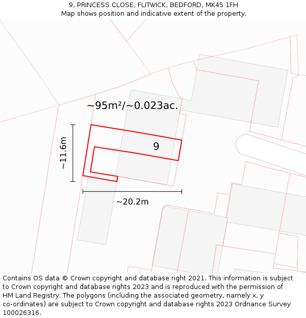 9, PRINCESS CLOSE, FLITWICK, BEDFORD, MK45 1FH: Plot and title map