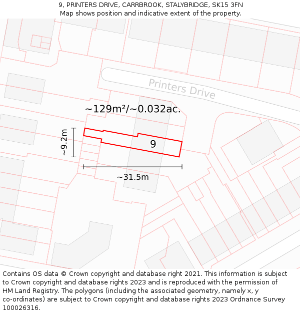 9, PRINTERS DRIVE, CARRBROOK, STALYBRIDGE, SK15 3FN: Plot and title map