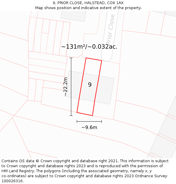 9, PRIOR CLOSE, HALSTEAD, CO9 1AX: Plot and title map
