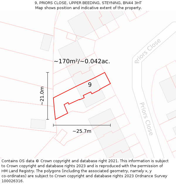 9, PRIORS CLOSE, UPPER BEEDING, STEYNING, BN44 3HT: Plot and title map