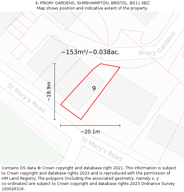 9, PRIORY GARDENS, SHIREHAMPTON, BRISTOL, BS11 0BZ: Plot and title map