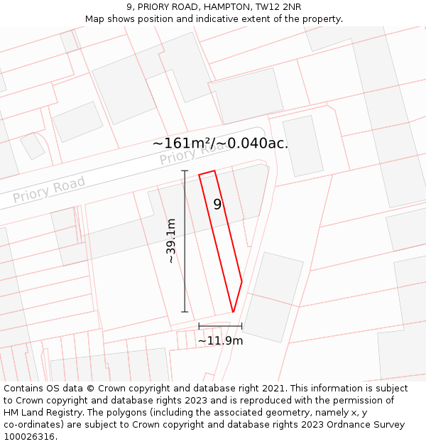 9, PRIORY ROAD, HAMPTON, TW12 2NR: Plot and title map