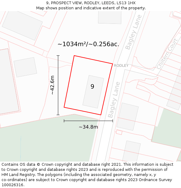 9, PROSPECT VIEW, RODLEY, LEEDS, LS13 1HX: Plot and title map