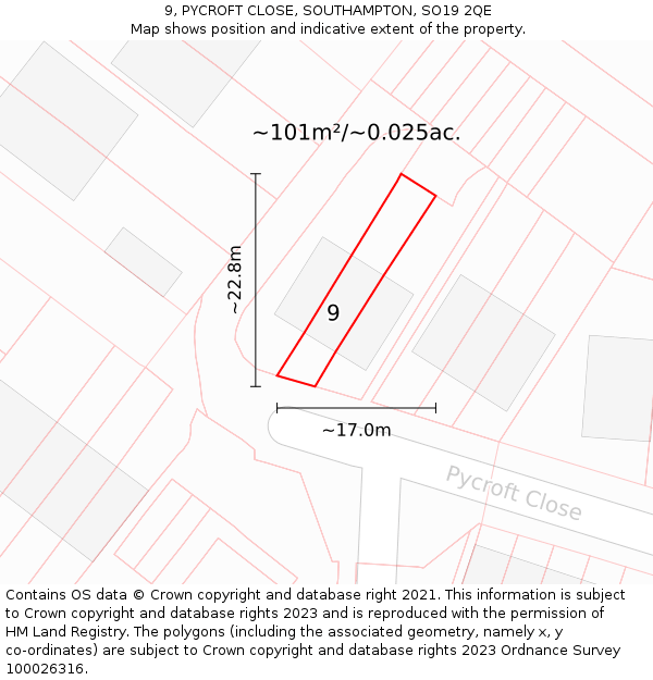 9, PYCROFT CLOSE, SOUTHAMPTON, SO19 2QE: Plot and title map