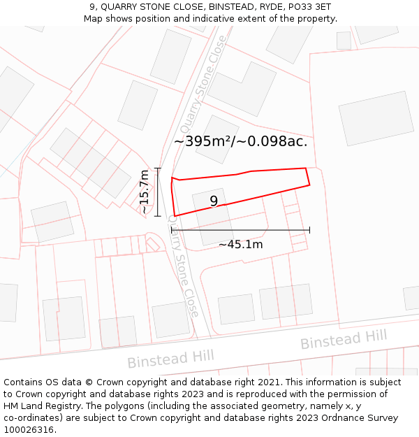 9, QUARRY STONE CLOSE, BINSTEAD, RYDE, PO33 3ET: Plot and title map