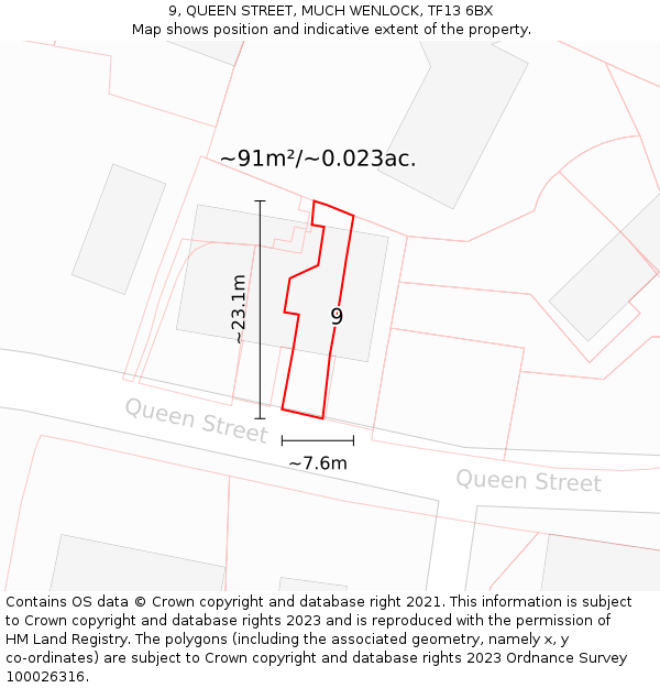 9, QUEEN STREET, MUCH WENLOCK, TF13 6BX: Plot and title map