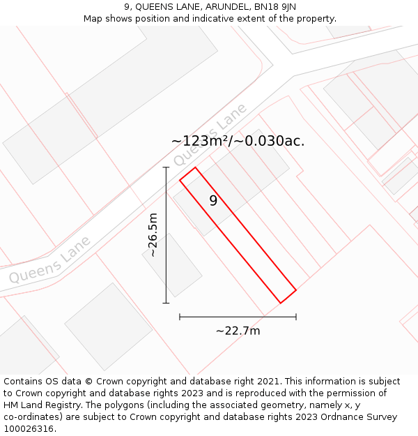 9, QUEENS LANE, ARUNDEL, BN18 9JN: Plot and title map