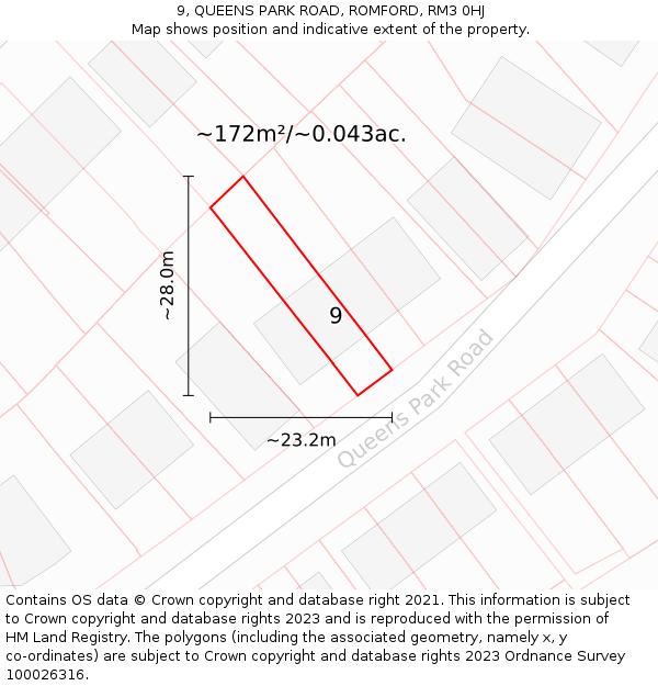 9, QUEENS PARK ROAD, ROMFORD, RM3 0HJ: Plot and title map