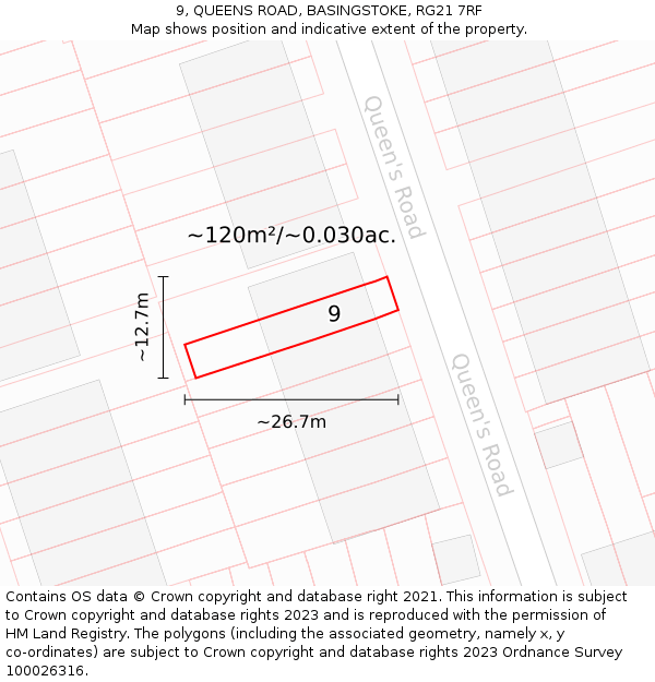 9, QUEENS ROAD, BASINGSTOKE, RG21 7RF: Plot and title map