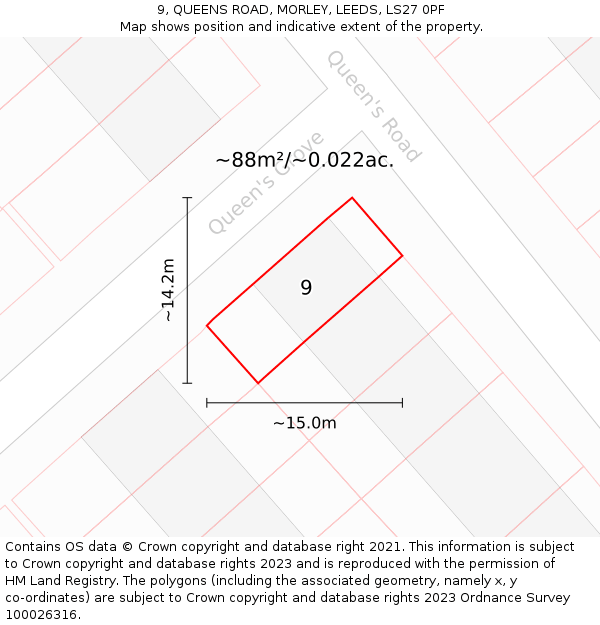 9, QUEENS ROAD, MORLEY, LEEDS, LS27 0PF: Plot and title map