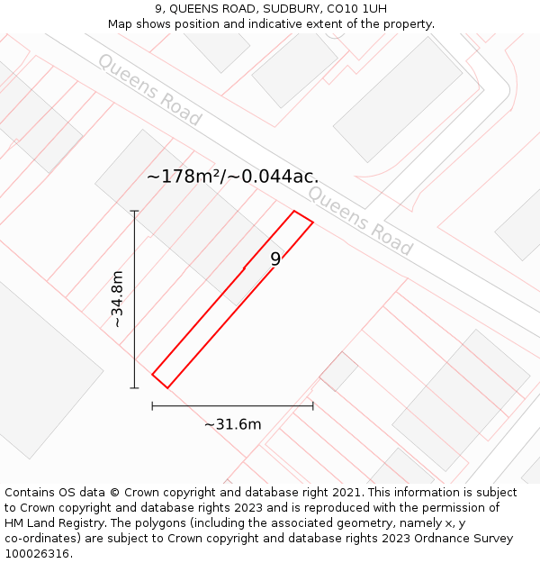 9, QUEENS ROAD, SUDBURY, CO10 1UH: Plot and title map