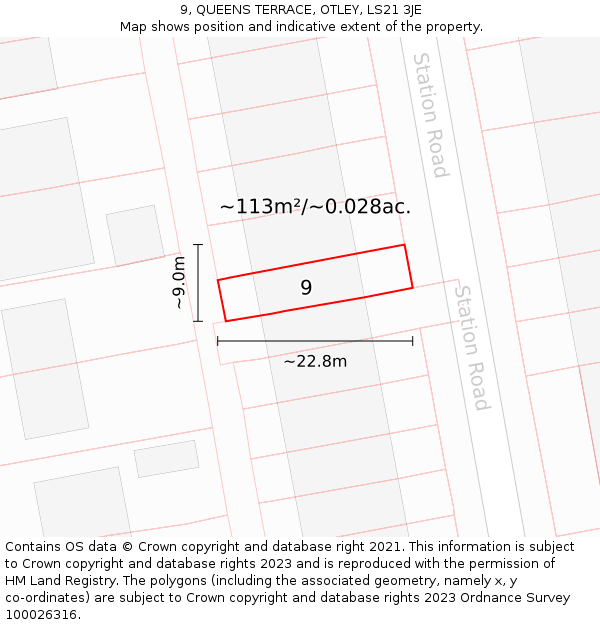 9, QUEENS TERRACE, OTLEY, LS21 3JE: Plot and title map
