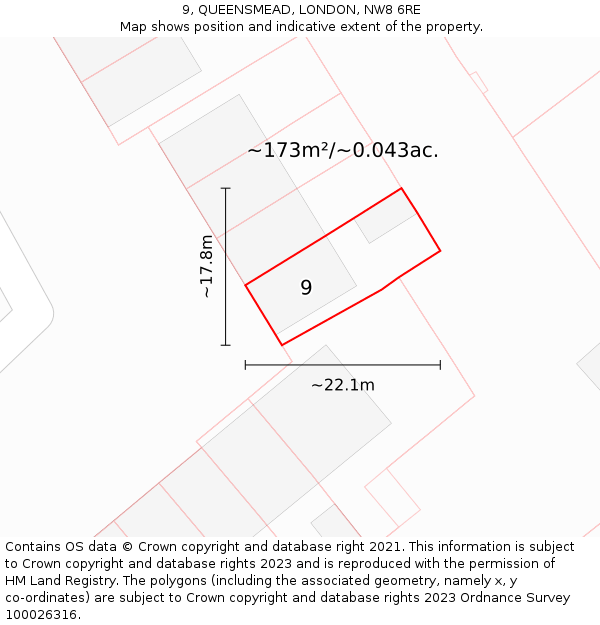 9, QUEENSMEAD, LONDON, NW8 6RE: Plot and title map