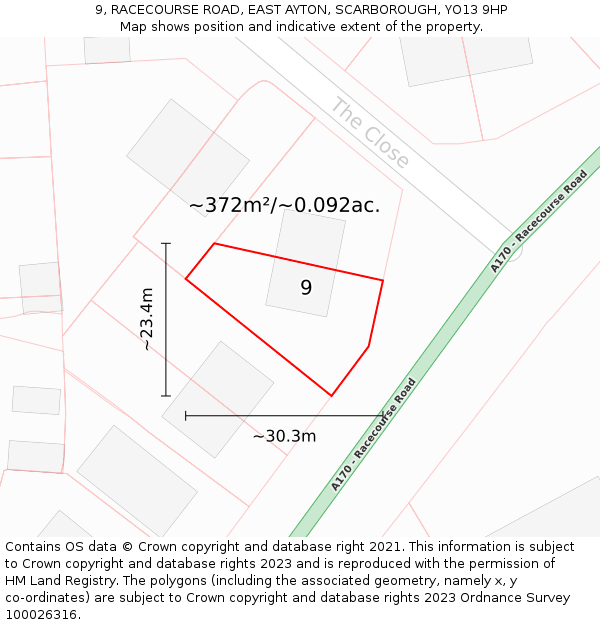 9, RACECOURSE ROAD, EAST AYTON, SCARBOROUGH, YO13 9HP: Plot and title map