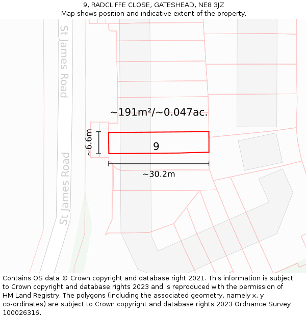 9, RADCLIFFE CLOSE, GATESHEAD, NE8 3JZ: Plot and title map