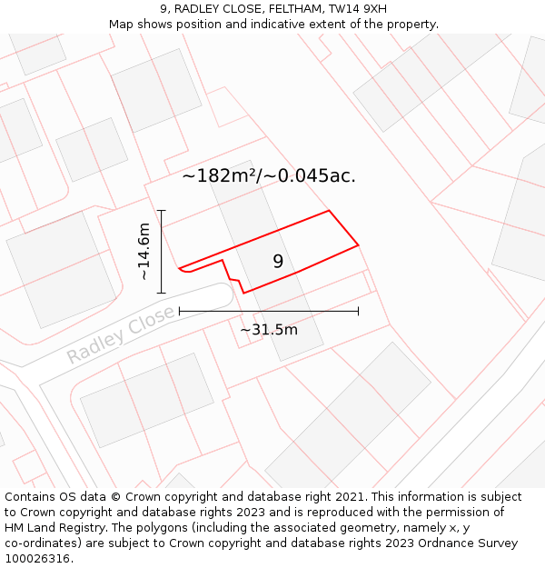 9, RADLEY CLOSE, FELTHAM, TW14 9XH: Plot and title map