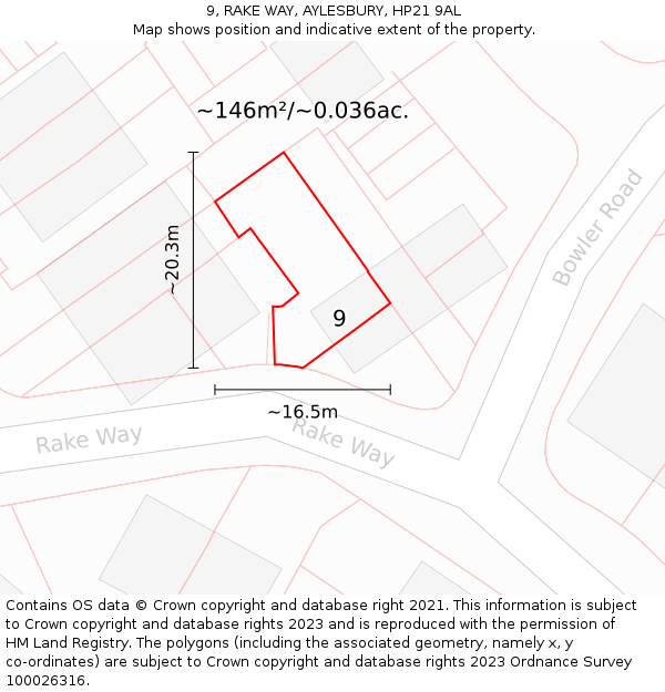 9, RAKE WAY, AYLESBURY, HP21 9AL: Plot and title map
