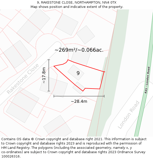9, RAKESTONE CLOSE, NORTHAMPTON, NN4 0TX: Plot and title map