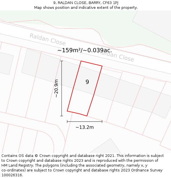 9, RALDAN CLOSE, BARRY, CF63 1PJ: Plot and title map
