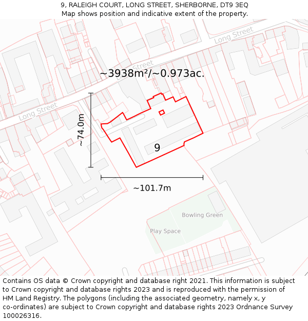 9, RALEIGH COURT, LONG STREET, SHERBORNE, DT9 3EQ: Plot and title map