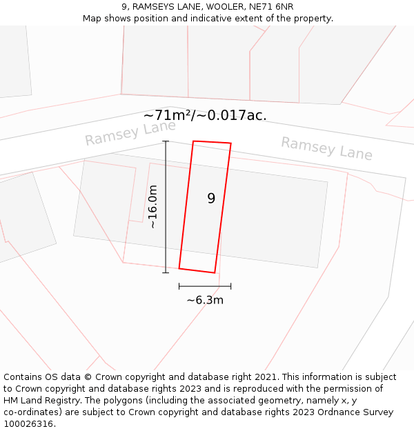 9, RAMSEYS LANE, WOOLER, NE71 6NR: Plot and title map