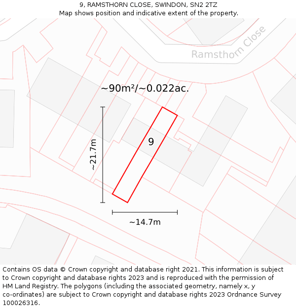 9, RAMSTHORN CLOSE, SWINDON, SN2 2TZ: Plot and title map