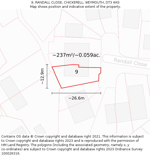 9, RANDALL CLOSE, CHICKERELL, WEYMOUTH, DT3 4AS: Plot and title map
