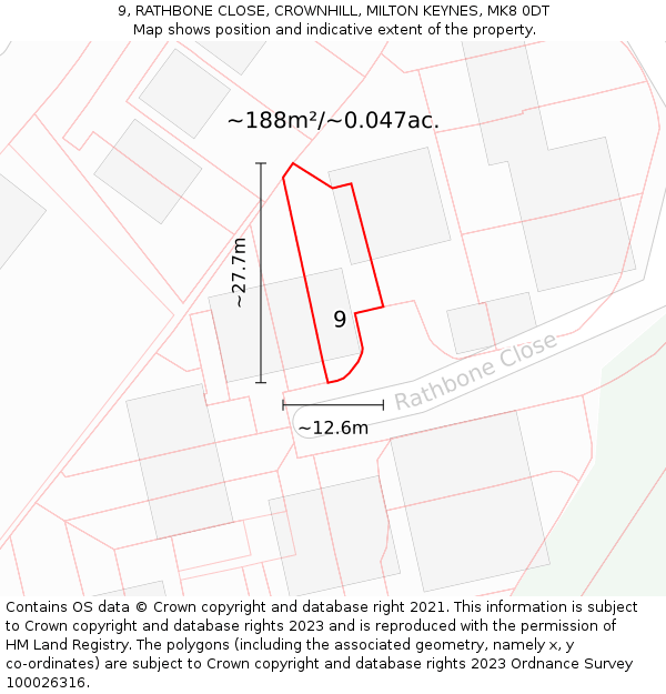9, RATHBONE CLOSE, CROWNHILL, MILTON KEYNES, MK8 0DT: Plot and title map