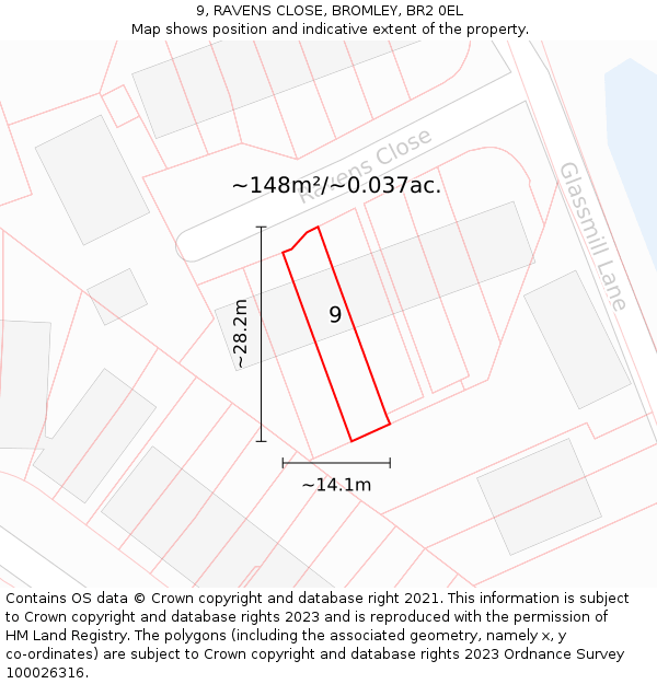 9, RAVENS CLOSE, BROMLEY, BR2 0EL: Plot and title map