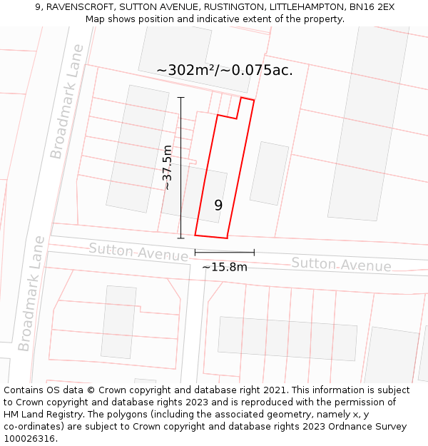 9, RAVENSCROFT, SUTTON AVENUE, RUSTINGTON, LITTLEHAMPTON, BN16 2EX: Plot and title map