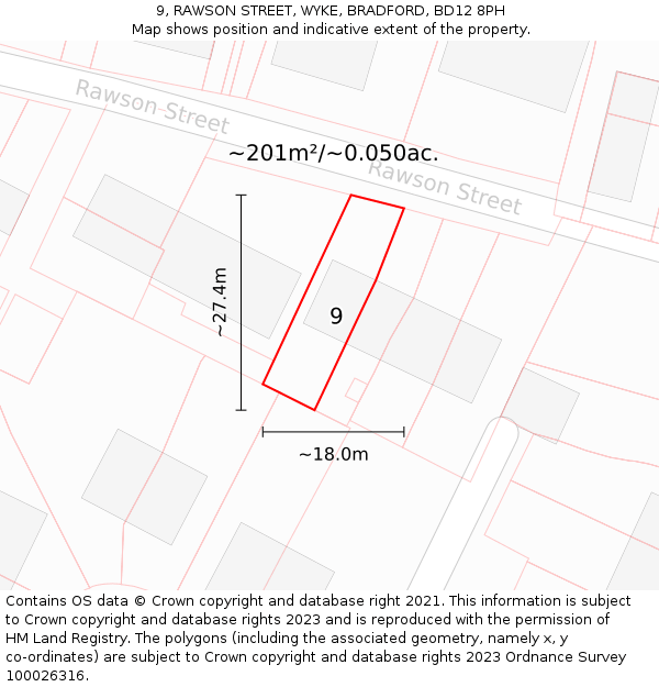 9, RAWSON STREET, WYKE, BRADFORD, BD12 8PH: Plot and title map