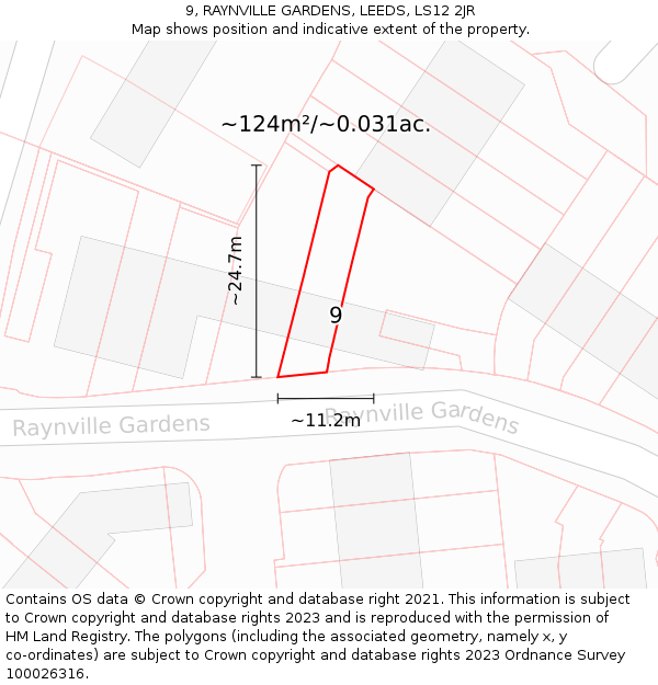 9, RAYNVILLE GARDENS, LEEDS, LS12 2JR: Plot and title map