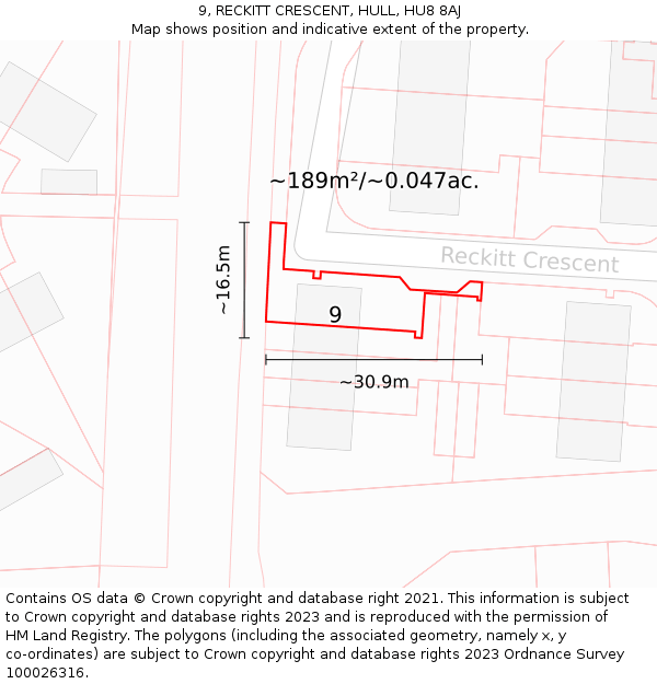 9, RECKITT CRESCENT, HULL, HU8 8AJ: Plot and title map