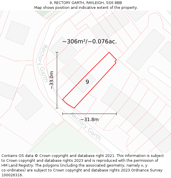 9, RECTORY GARTH, RAYLEIGH, SS6 8BB: Plot and title map