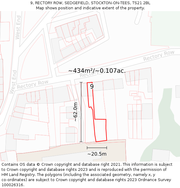 9, RECTORY ROW, SEDGEFIELD, STOCKTON-ON-TEES, TS21 2BL: Plot and title map