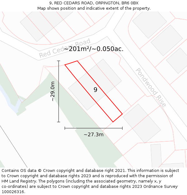 9, RED CEDARS ROAD, ORPINGTON, BR6 0BX: Plot and title map