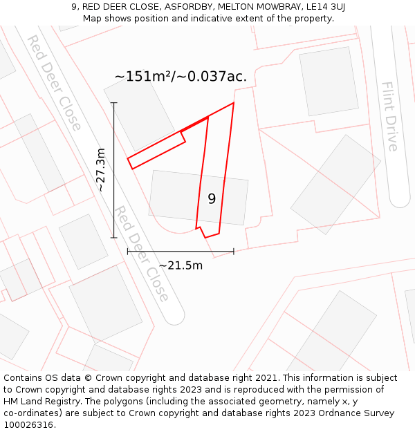 9, RED DEER CLOSE, ASFORDBY, MELTON MOWBRAY, LE14 3UJ: Plot and title map