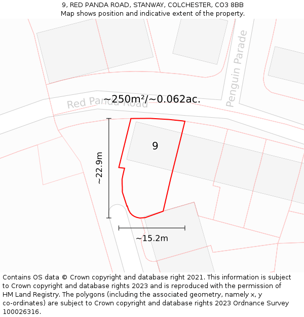 9, RED PANDA ROAD, STANWAY, COLCHESTER, CO3 8BB: Plot and title map