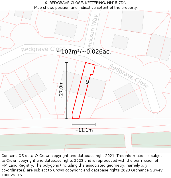 9, REDGRAVE CLOSE, KETTERING, NN15 7DN: Plot and title map