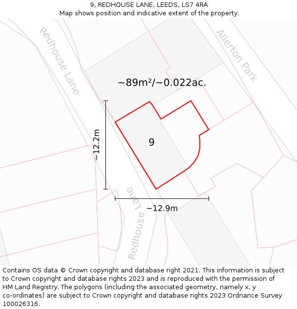 9, REDHOUSE LANE, LEEDS, LS7 4RA: Plot and title map